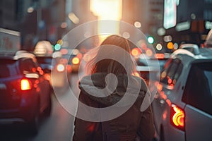 Rear view of a young woman walking among cars. Traffic jam, rush hour concept