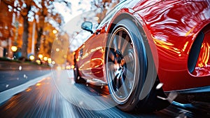 rear wheel of fast moving car with motion blur on road close-up. Luxury red sports car