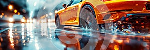 rear wheel of fast moving car with motion blur on wet slippery asphalt close-up. Luxury orange sports car in city