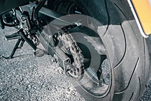 Rear wheel of the motorcycle. Chain gear, sprocket on motorcycle wheel