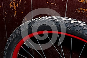 The rear wheel of a mountain bike stands against the background of an old wooden door. Red rim. Tire close up. Bicycle repair.