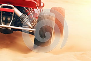 A rearend shot of a offroad racing car speeding across a flat surface its tailpipes emitting a powerful sound. Speed