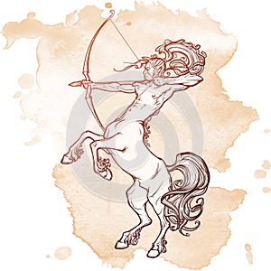 Rearing Centaur holding bow and arrow. Vintage style sketch. photo