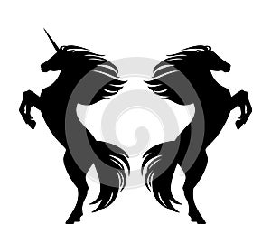 Rearing up heraldic unicorn and mustang horse black and white vector side view silhouette