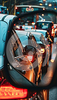 Rearview mirror captures evening traffic jam with cars queueing, headlights illuminating the scene