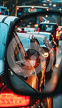 Rearview mirror captures evening traffic jam with cars queueing, headlights illuminating the scene photo