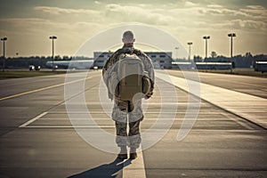 Rearview of a soldier returning home from the army. Concept military service. Generative AI