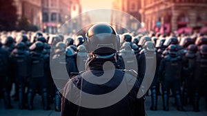 Rearward view of unit riot control overseeing a tumultuous rally. Generative AI