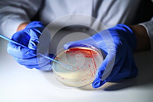 Reasercher picking up colony of a red bacterial culture from agar plate wearing blue gloves in a molecular biology laboratory for