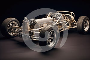 reassembled classic car chassis with wheels