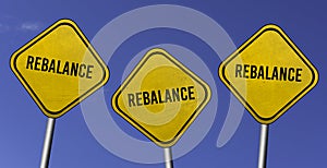 rebalance - three yellow signs with blue sky background