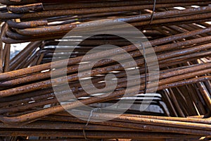 Rebar reinforcement for concrete work on a construction site. Steel rods.