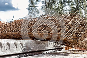 Rebar, reinforcing bars or steel close up, reinforcement steel, wires mesh of steel used as a tension device in reinforced