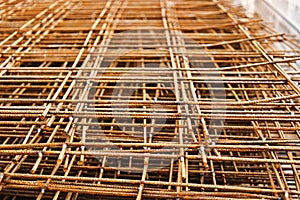 Rebar, reinforcing bars or steel close up, reinforcement steel, wires mesh of steel used as a tension device in reinforced