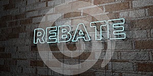 REBATE - Glowing Neon Sign on stonework wall - 3D rendered royalty free stock illustration