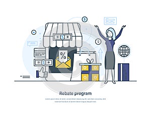 Rebate program retail sales strategy, e-commerce business concept. Cashback service, reward, sales promotion advertising campaign