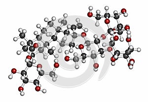 Rebaudioside A molecule. One of the main steviol glycosides found in stevia plants, used as sweetener. Atoms are represented as