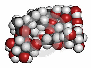 Rebaudioside A molecule. One of the main steviol glycosides found in stevia plants, used as sweetener. Atoms are represented as