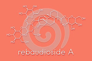 Rebaudioside A molecule. One of the main steviol glycosides found in stevia plants, used as sweetener. Skeletal formula.