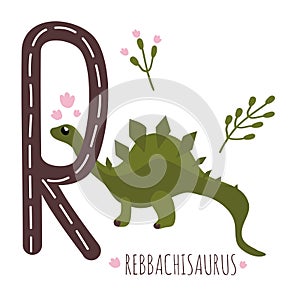 Rebbachisaurus.Letter R with reptile name.Hand drawn cute herbivores dinosaur.Educational prehistoric illustration.Dino alphabet. photo