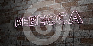 REBECCA - Glowing Neon Sign on stonework wall - 3D rendered royalty free stock illustration photo