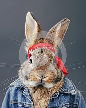 Rebel Hopper: Fashion-forward rabbit rocking a red bandana and denim, urban animal style.