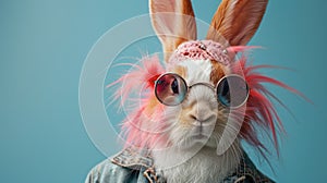 Attitude-Packed Punk Rock Easter Bunny on Blue Background