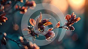 Rebirth of nature during the Spring Equinox, buds opening, blurred background.