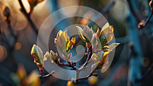 Rebirth of nature during the Spring Equinox, buds opening, blurred background.