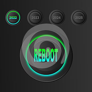 REBOOT power button with 2022 in vivid electric green and blue colors. 3D effect to reboot or start the year over