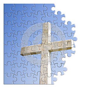 Rebuild or losing our faith - Christian cross concept image in jigsaw puzzle shape