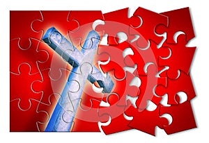 Rebuild or losing our faith - Christian cross concept image in jigsaw puzzle shape