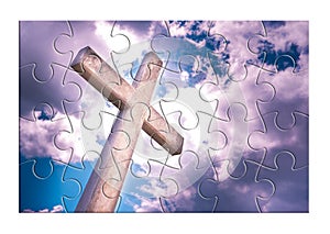 Rebuild our faith or losing faith - Christian cross against a cloudy sky - concept image in jigsaw puzzle shape