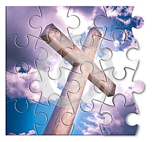 Rebuild our faith or losing faith - Christian cross against a cloudy sky - concept image in jigsaw puzzle shape