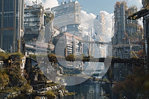 Rebuilt postapocalyptic cityscape featuring numerous towering buildings, A post-apocalyptic cityscape rebuilt with advanced photo