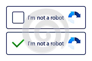 Recaptcha, Im not a robot. Confirmed recaptcha. Im not a robot button. Internet safety concept. Banner for website or