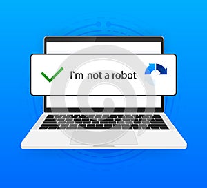 Recaptcha, Im not a robot. Confirmed recaptcha. Im not a robot button. Internet safety concept. Banner for website or