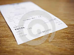 Receipt Bill Payment on table Total amount Business Concept