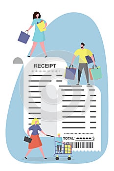 Receipt bill and people with gifts,shopping trolley,shopping bags.Sale and retail concept