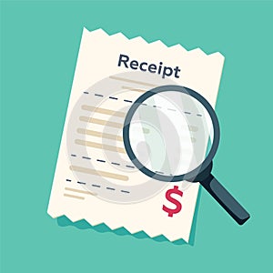 Receipt icon with magnifying glass. Studying paying bill. Payment of goods,service, utility, bank, restaurant. Invoice