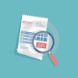 Receipt icon with magnifying glass. Studying paying bill. Payment of goods,service, utility, bank, restaurant. Invoice, check