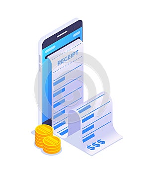 Receipt on mobile phone screen. Online shopping concept. Golden stack coins on smartphone background. Vector 3d