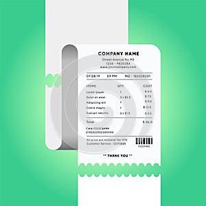 Receipt. Paper check. Financial document. Cash register tape. Flat cartoon invoice design template. Bill and tax information.