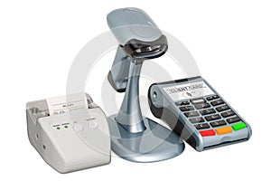 Receipt printer and barcode reader with POS-terminal, 3D rendering
