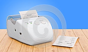 Receipt printer for POS on the wooden table, 3D rendering
