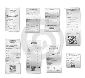 Receipts bill. Paper receipt design, realistic check bills. Store invoice, restaurant cafe atm ticket. Financial