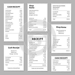 Receipts printed bills. Checks receipt print bill amount buy choice paper check cost cash retail price purchase document