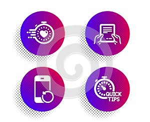 Receive file, Recovery phone and Timer icons set. Quick tips sign. Vector