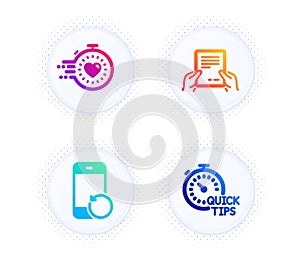 Receive file, Recovery phone and Timer icons set. Quick tips sign. Vector