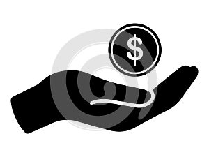 Receive Money Coin Donation Open Palm. Black Illustration Isolated on a White Background. EPS Vector